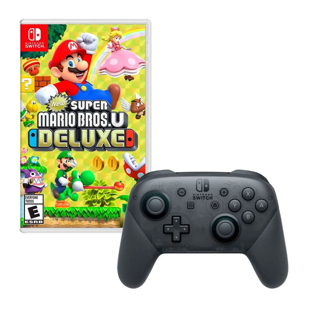 Mando Nintendo Pro para Switch, inalámbrico, gris + Juego Super Mario Bros U Deluxe
